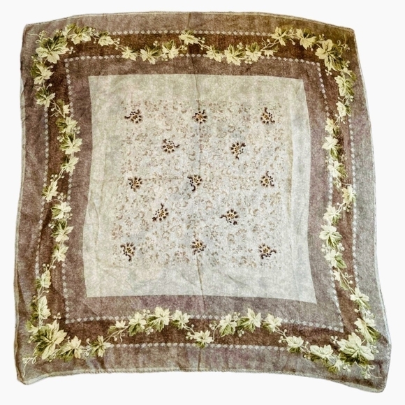 Designer Brown Green Tan Leaves Wreath Fall Silk Handmade Scarf Neckerchief Wrap - Picture 1 of 3